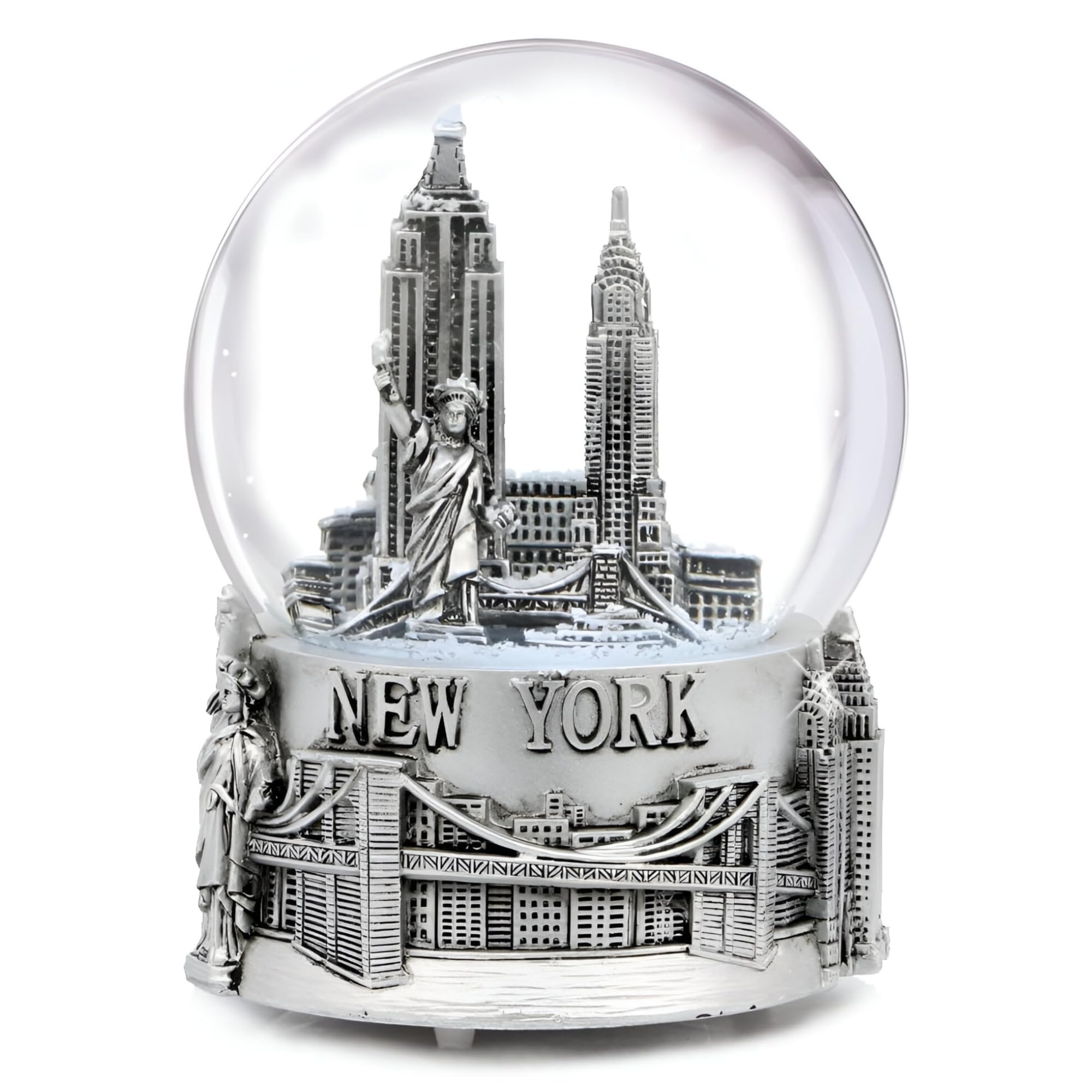 Musical Silver New York City Snow Globe with Sculpture Base, 15cm