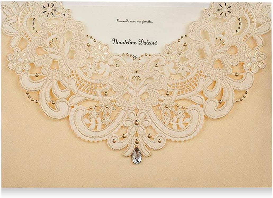 SYNOE Wishmade Light Gold Laser Cut Flora Lace Wedding Invitations Kit with Rhinestone Matched Matched RSVP Card & Thank You Card for Wedding Invites Cards (pack of 50pcs)