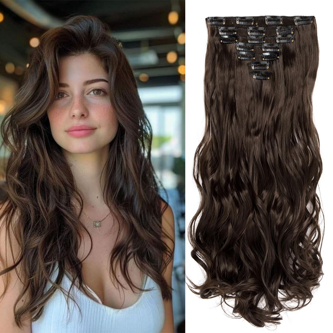 Swy Hair Clip in Hair Extensions Body Wave 22 inches 7Pcs 150g Straight Hair Synthetic Hair Extensions (W-Medium Brown, Wavy) โ image 1