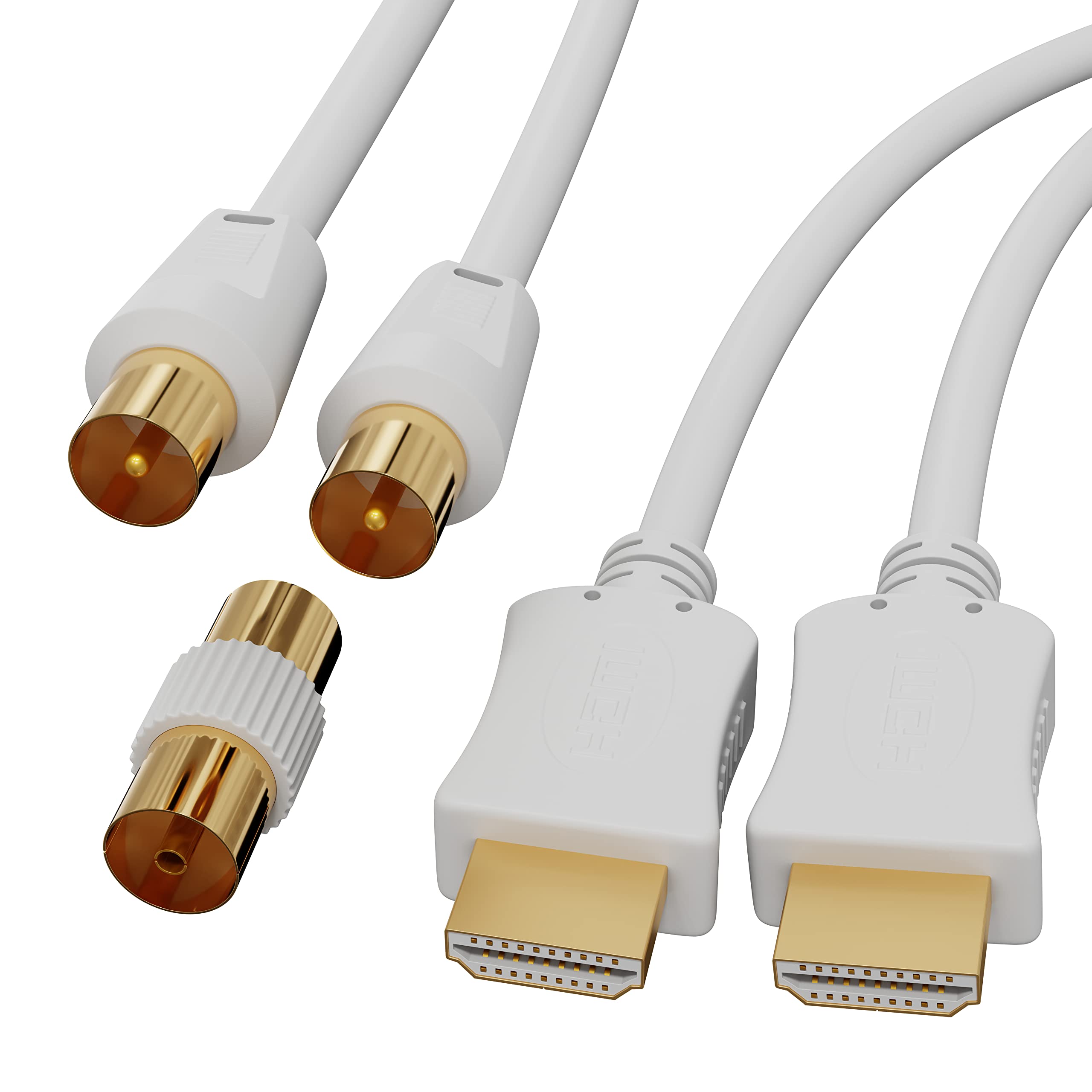 ConnectingU White 2 Cable Kit.(THIS IS NOT an HDMI to Coax convertor). 1x 0.5m HDMI Cable Male to Male with Ethernet bundled with a 1x 0.5m TV Aerial Cable Male to Male with Female to Female Coupler.