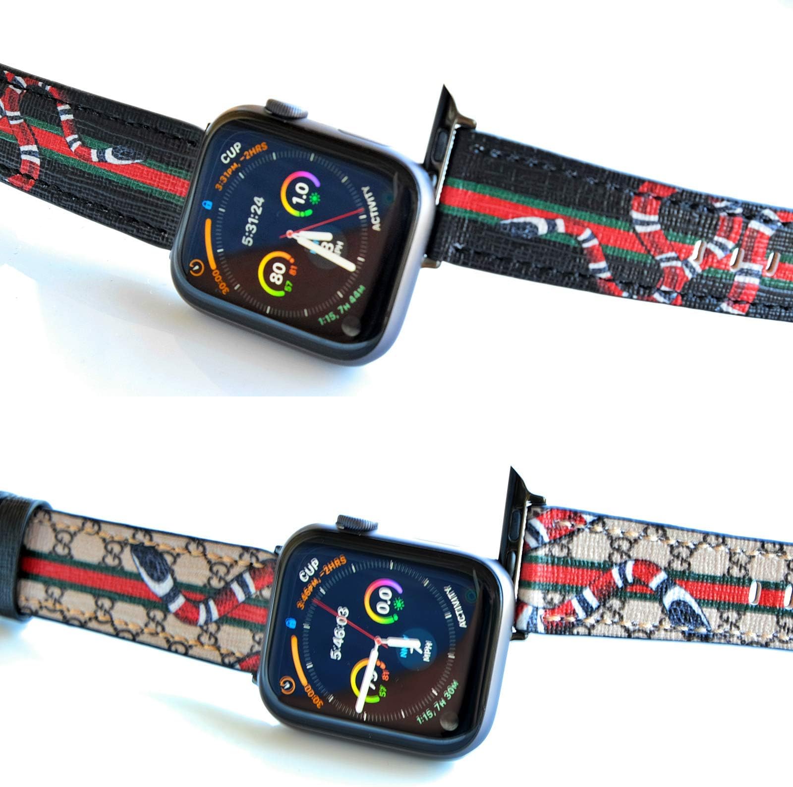 iTEMPOfy Bundle of 2 Designer Kingsnake Leather Watch Bands Straps Compatible with Apple Watch Series 1 2 3 4 5 | 38mm 40mm 42mm 44mm | Vegan - Cruelty Free Leather | Black Hardware (38mm/40mm)