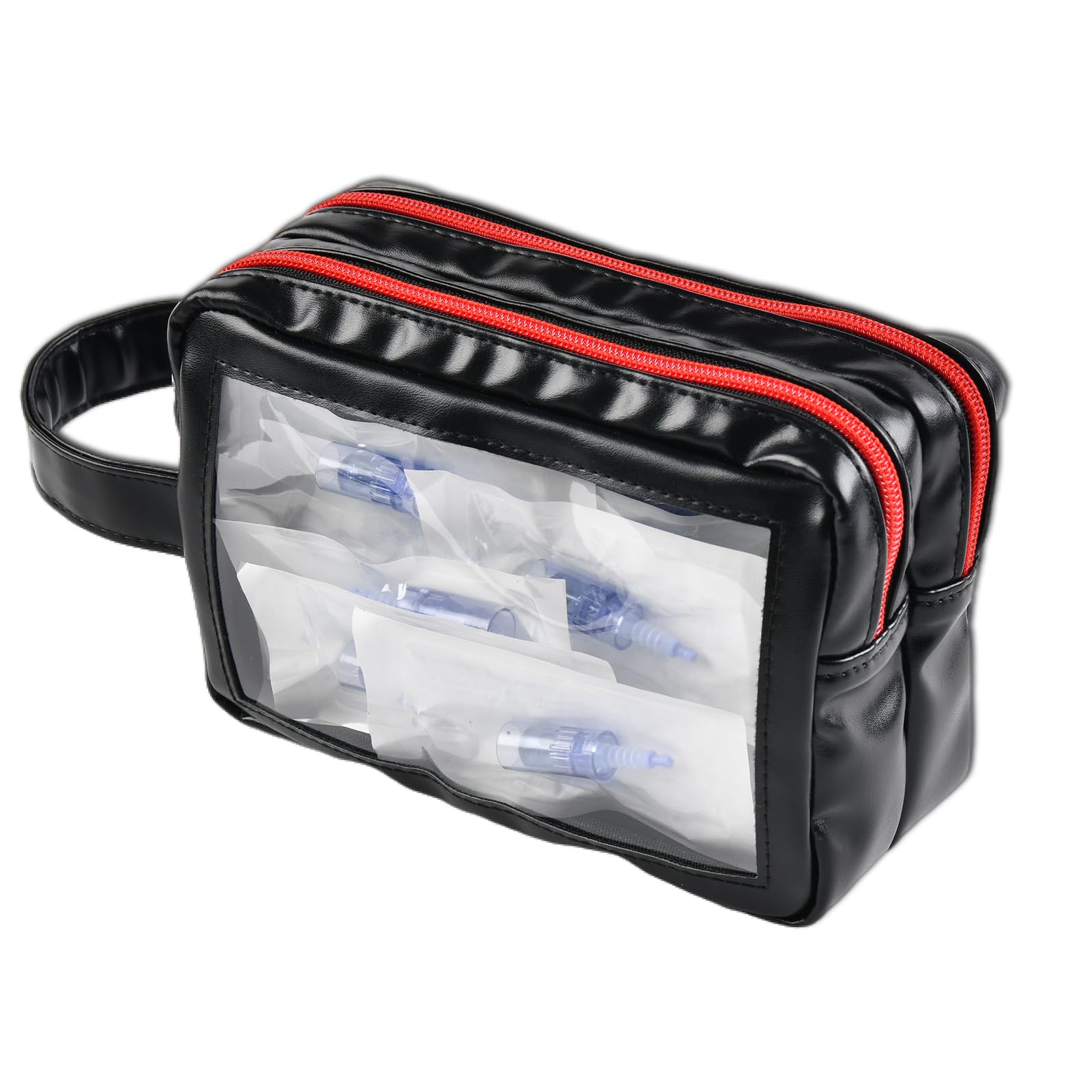 Makeup Bag Portable, Waterproof Carry on Bag Cosmetic Bag for Professional Microneedling Pen & Replacement Cartridges, Travel Cosmetic Organizer for Women Girls (Black-and Red, Bag Only)