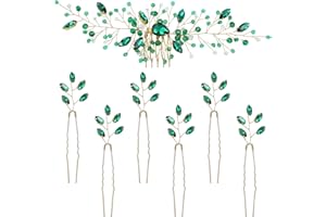 inSowni 7 Pieces Vintage Party Prom Wedding Bridal Emerald Green Beads Crystal Hair Side Combs+Rhinestone U-shaped Hair Pins Headpieces for Brides Bridesmaids Women Girls