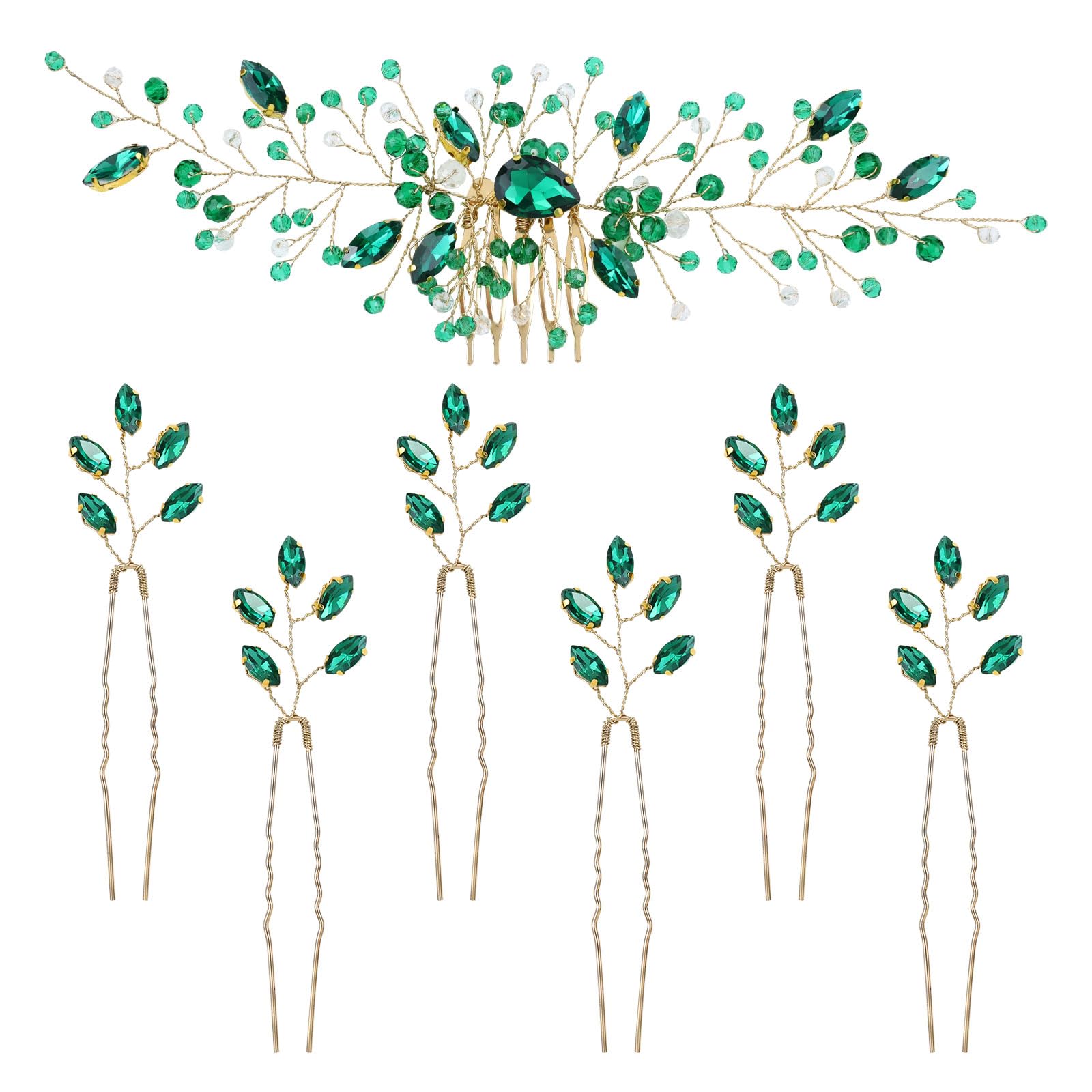 inSowni 7 Pieces Vintage Party Prom Wedding Bridal Emerald Green Beads Crystal Hair Side Combs+Rhinestone U-shaped Hair Pins Headpieces for Brides Bridesmaids Women Girls