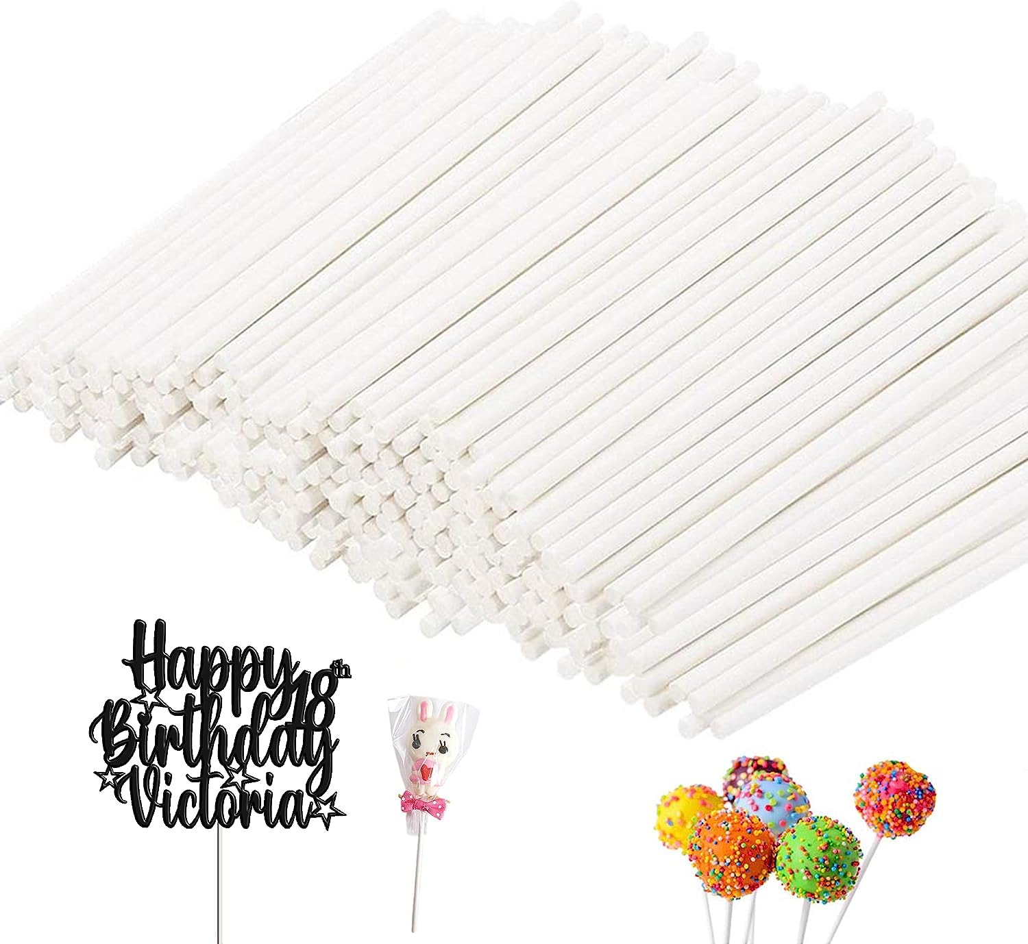 PB TECH Round White Cake Pop Sticks, Lollipop Sticks, Craft Sticks Ideal for Cake Topper, Chocolate Fountain and Fruits with 15cm Length / 3mm Diameter (Pack of 200)