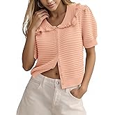 Cicy Bell Womens Ruffle Cardigan Sweater Puff Short Sleeve Button Up Eyelet Tops Ribbed Knit Peter Pan Collar Cardigans