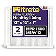Filtrete 12x12x1 AC Furnace Air Filter, MERV 12, MPR 1500, CERTIFIED asthma & allergy friendly, 3 Month Pleated 1-Inch Electrostatic Air Cleaning Filter, 2-Pack (Actual Size 11.81x11.81x0.78 in)
