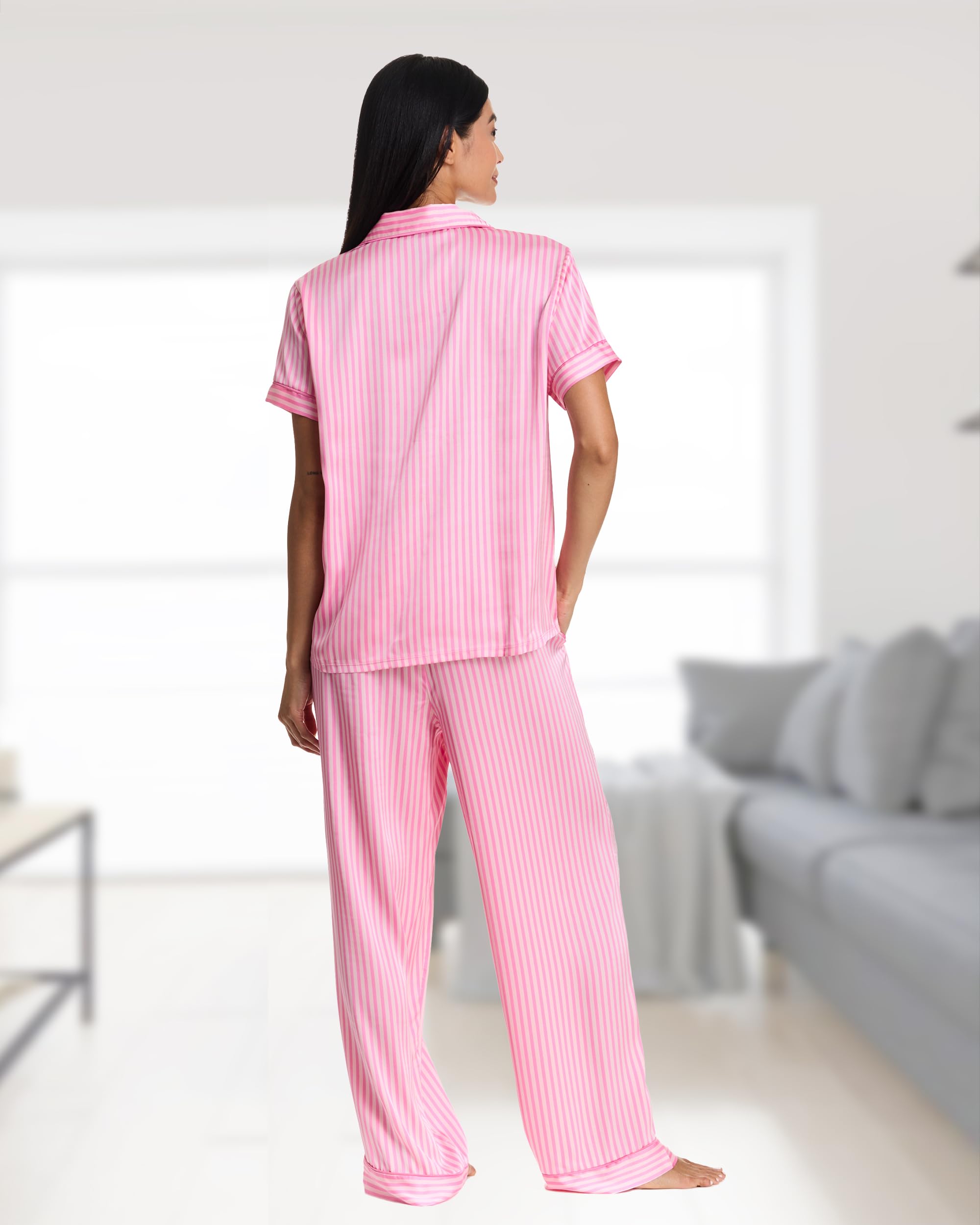 bebe Women's Silky Satin Pajama Set, Button Down Short Sleeve Sleepwear Valentines Gifts for Her (Aurora Pink, Large)