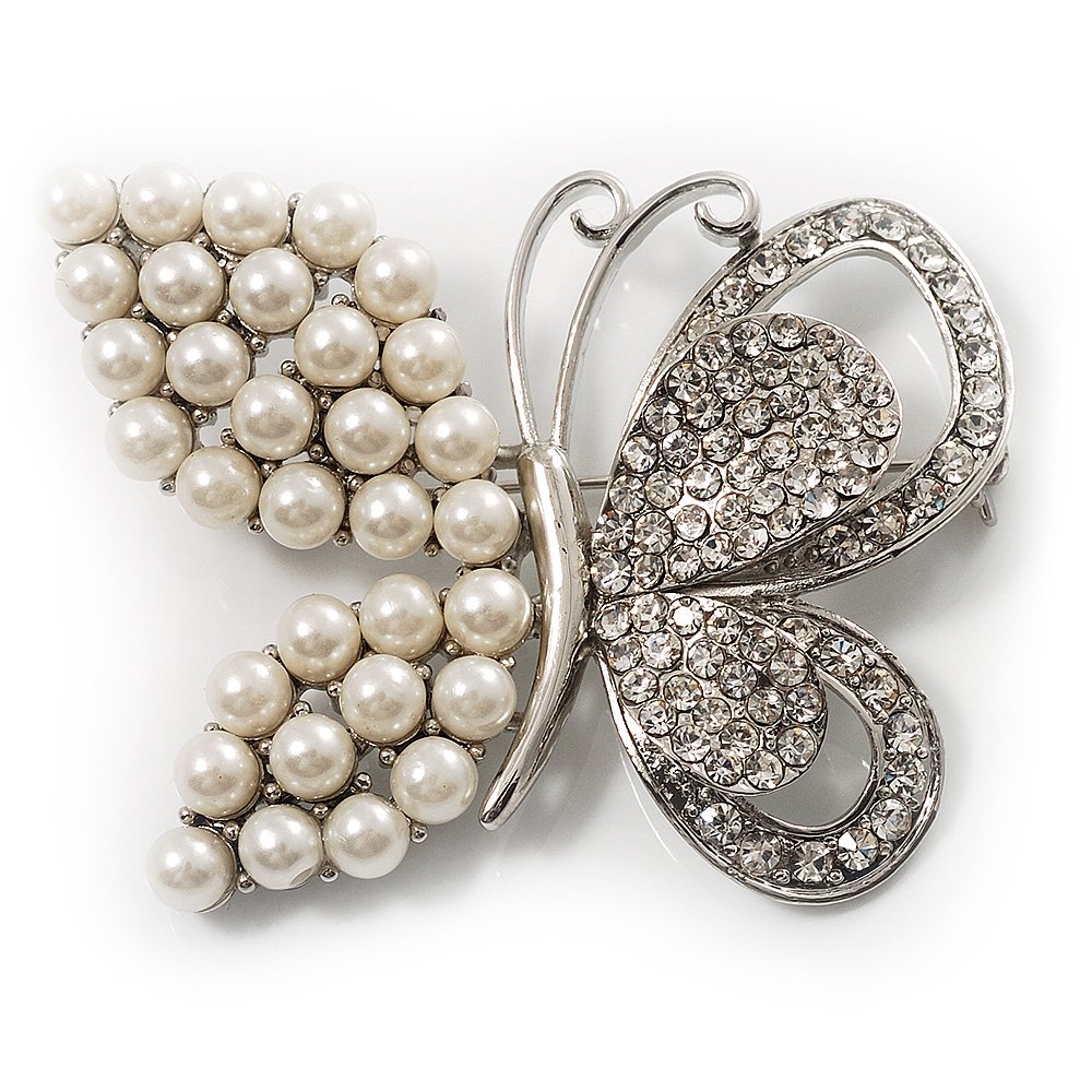 Unique Faux Pearl Crystal Butterfly Brooch