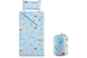 Wake In Cloud - Sleeping Bag for Kids Toddlers, Cotton Fabric, Portable Compact Lightweight Backpacking Nap Mat with Pillow and Blanket, for Boys, Cars Cranes Excavators Trucks on Blue, 55" x 30"