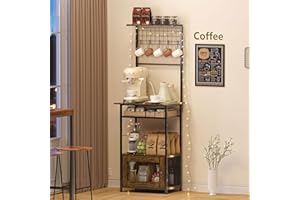 HAYEXIHA 5-Tier Coffee Bar Cabinet with Visual Door, Small Kitchen Microwave Stand with 5 S-Shaped Hooks, 57.87”H Tall Bakers Rack with Storage Cabinet, Small Coffee Bar for Kitchen Living Room- Rustic Brown