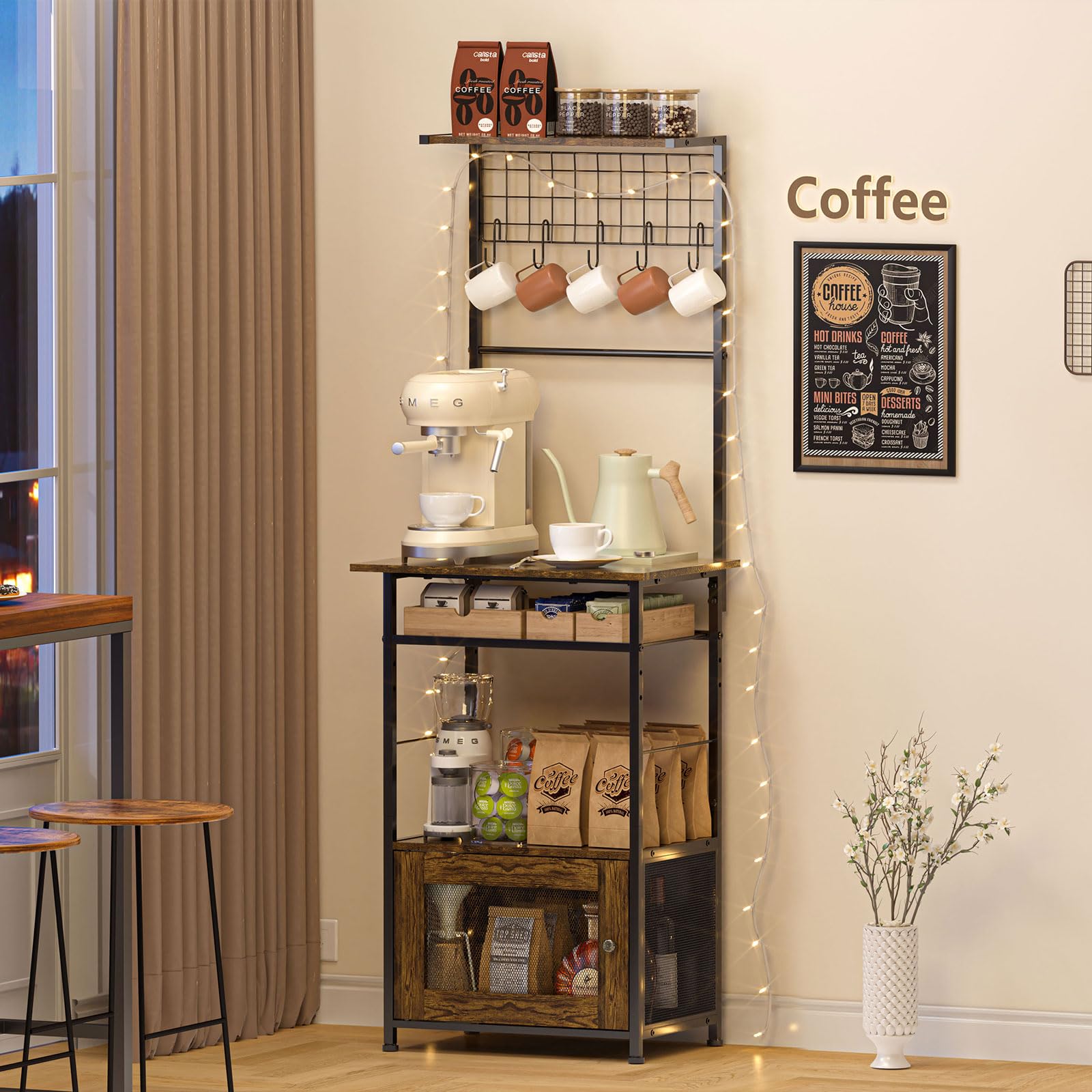 Photo 1 of *** MISSING INSTRUCTIONS***   5-Tier Coffee Bar Cabinet with Visual Door, Small Kitchen Microwave Stand with 5 S-Shaped Hooks, 57.87”H Tall Bakers Rack with Storage Cabinet, Small Coffee Bar for Kitchen Living Room- Rustic Brown