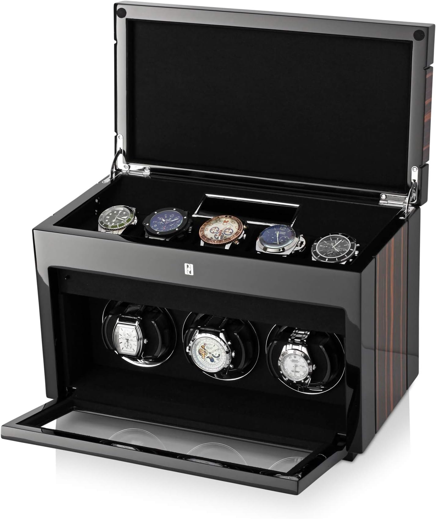 Triple Watch Winder Box for Self-Winding 3 Automatic Watches and 5 Watches Storage Compartment with LED Case Backlight, LCD Display for All Watch Brands and All Watch Sizes