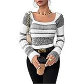 FOTKLAX Women's Pullover Striped Knit Scoop Neck Sweater Color Block Long Sleeve Cute Trendy Fuzzy Sweaters