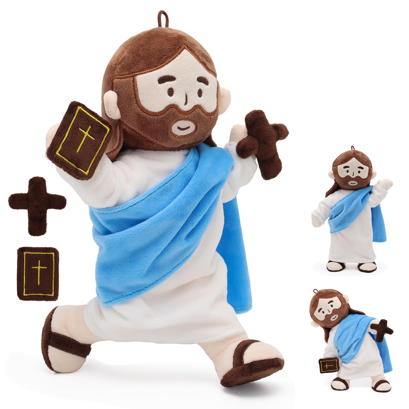 Yelakey Jesus Plush Doll with Jointed Skeleton Jesus Plushie 13.4" Poseable Jesus with Removable Accessories Easter Christian Gifts for Kids (Blue)