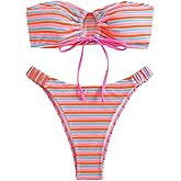 Falainetee Women's Striped Printed Bandeau Bathing Suit High Waisted Swimsuit Bikini Set