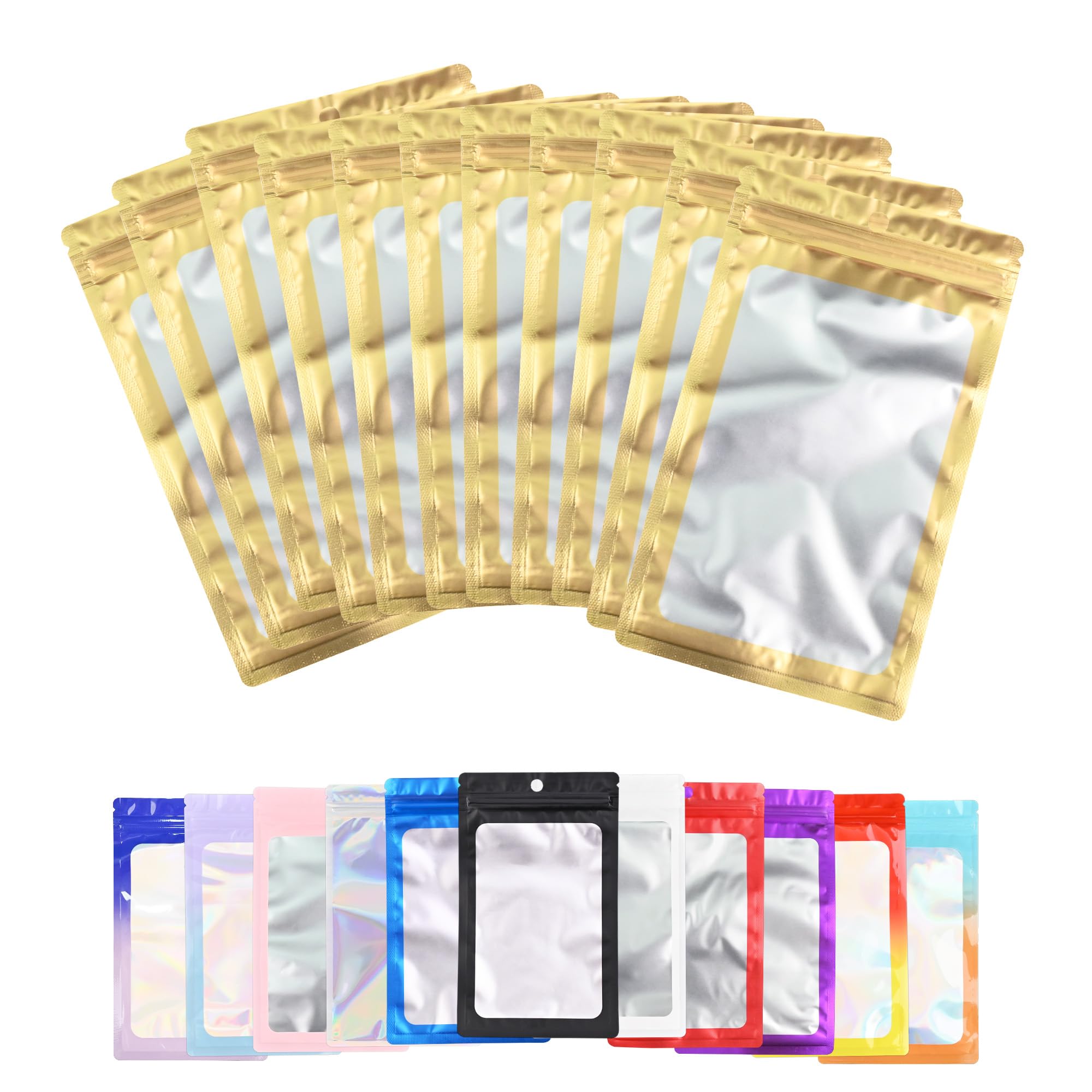 Photo 1 of 100 Pack Resealable Plastic Bags for Food Storage, Zipper Bags with Clear Front Window, Packaging Pouch for Small Business (Gold, 3.5x6.3 inch)