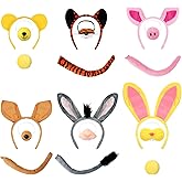 Knitgrip 6 Pack Animal Costume Set Pig Bear Kangaroo Tiger Donkey Rabbit Ears Headband Nose Tail Animal Headwear for Adult Halloween Zoo Cosplay Party Accessories