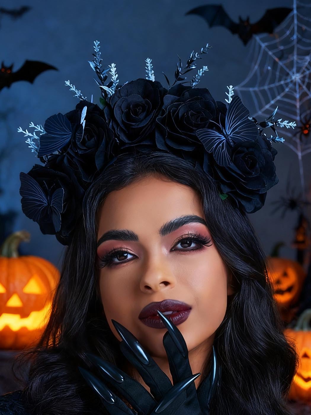 IYOU Day of the Dead Headband Black Rose Flower Hair Bands Butterfly Costume Headpiece Rave Carnival Festival Halloween Hair Accessories for Women