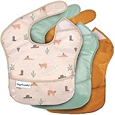 Tiny Twinkle Mess-Proof Baby Bibs for Eating | Waterproof, Wipeable Toddler Bibs with Catch-All Pocket | Feeding Bibs for Girls & Boys(3 Pack,Cowboy)