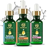 Hind Herbal Improved Vitamin C Hyaluronic Acid Retinol Serum Set of 3 (1 Fl Oz each) Brightening, Face Firming, Hydrating Skincare Routine Kit, Anti Wrinkle, Dark Circle Remover Unisex Facial Care Kit