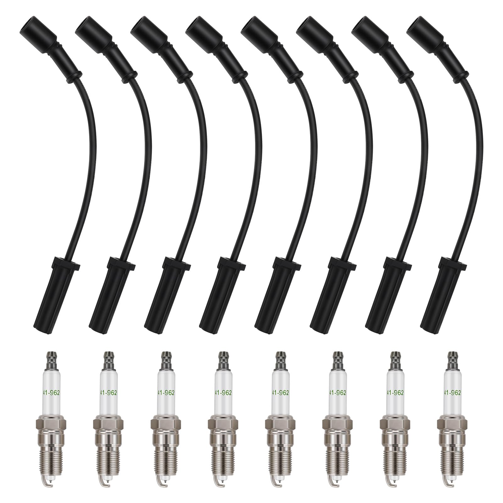 Photo 1 of 41-962 Spark Plugs & 9748HH Spark Plug Wire Compatible with 1999-2007 Chevy Silverado 1500 Suburban Tahoe, GMC Sierra 1500 Yukon, Escalade, Hummer H2 4.8L 5.3L 6.0L, Replace# 41-962 9748HH (Set of 8)