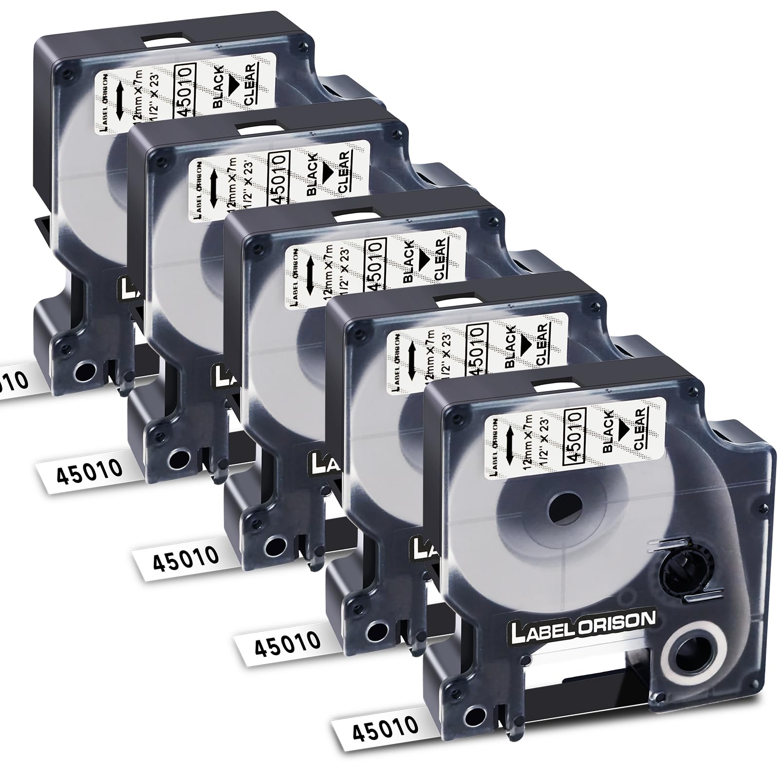 Label Orison 45010 Compatible Label Tape for Dymo 45010 Black on Transparent Label Tape for Dymo LabelManager LM160 LM210D LM260P LM280 LM360D LM420P 12mm x 7m Pack of 5