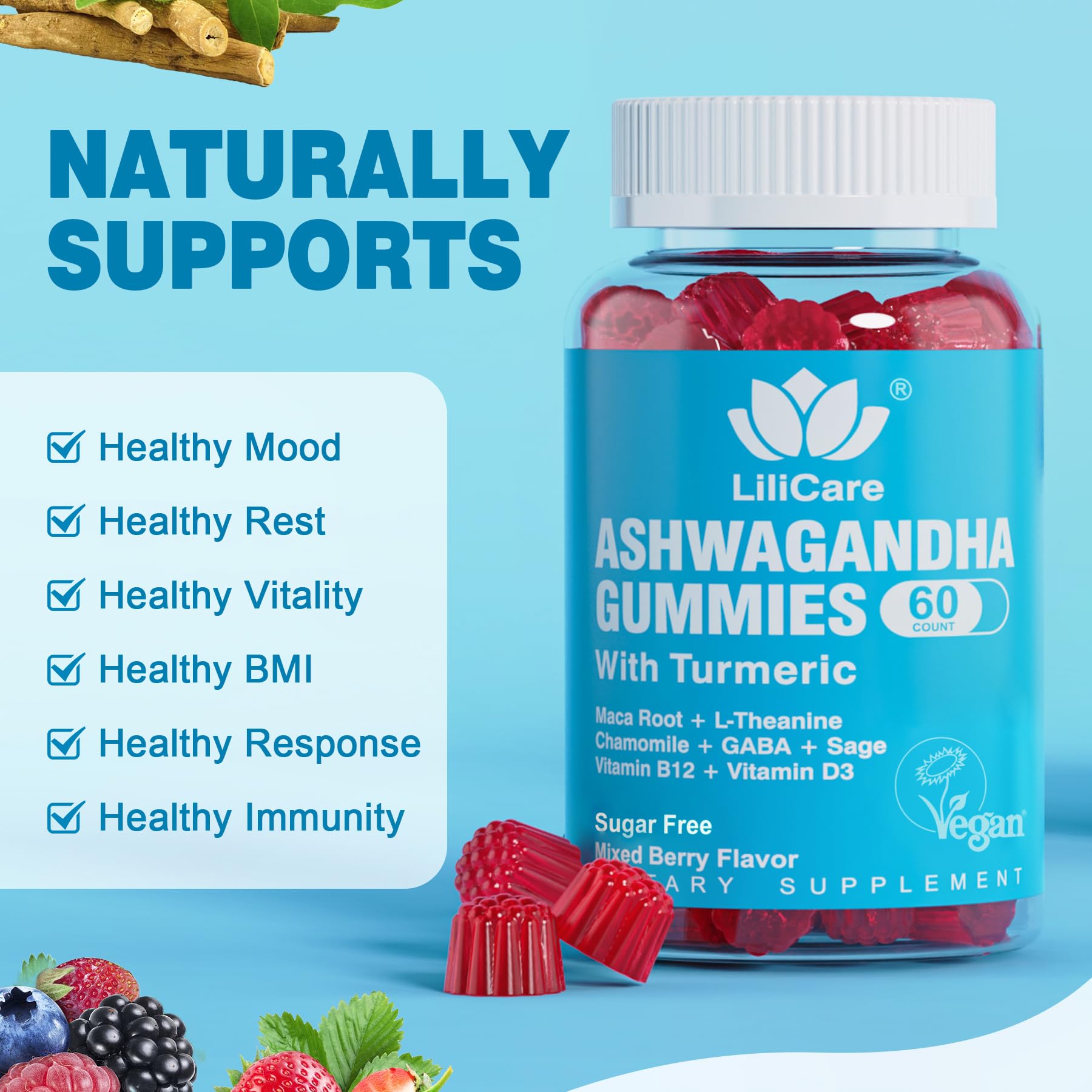 EnvyDeal Ashwagandha Gummies 2000mg for Women Men - Sugar Free, Vegan - Organic Ashwagandha Root Extract Supplements Gummy & Vitamin D3, Mixed Berry Flavor, 120 Count