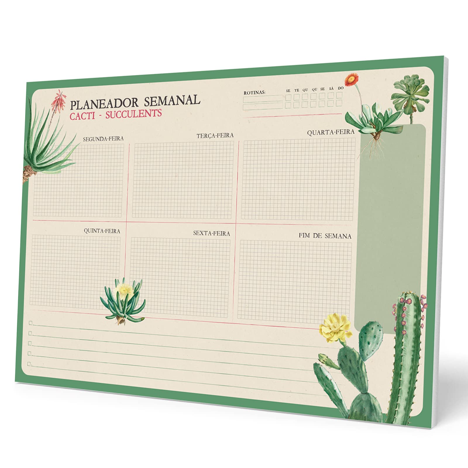 Grupo Erik Weekly Planner A4 In Portuguese - Botanical Cacti | Undated Daily Planner Family, Desk Calendar, 54 Tear Off Pages Notepad | Cute Stationery Gifts, Portuguese Gifts Under 10 Pounds