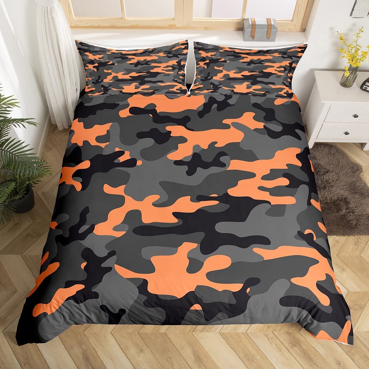 Loussiesd Army Camouflage Bedding Set Teens Camo Duvet Cover Set for Kids Boys Girls Colorful Comforter Cover Orange Black Grey Quilt Cover 3Pcs Double Size