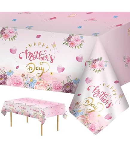 ORNACELE Mothers Day Tablecloth (4 Pack) - 108x54 Inch Disposable Plastic Table Cover With Flower Heart Design - View #2