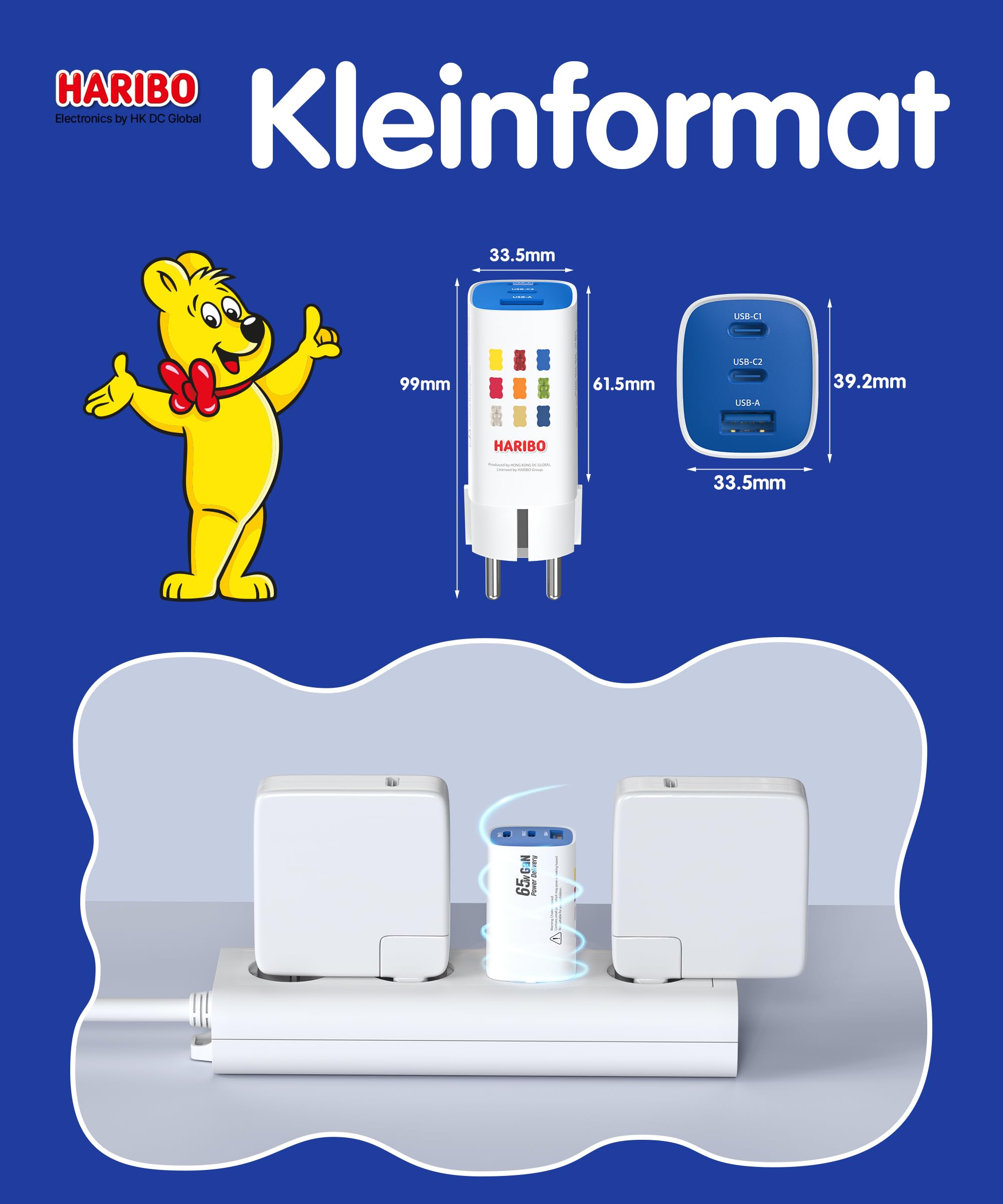 HARIBO USB C Ladegerät 65W 3-Port USB-C Netzteil Schnellladegerät PD PPS kompatibel mit MacBook, für iPhone 17/16/15, iPad, Galaxy S25/S24, Pixel, Steam, Sicherheit Stecker mit Erdung, Geschenk, Blau 6