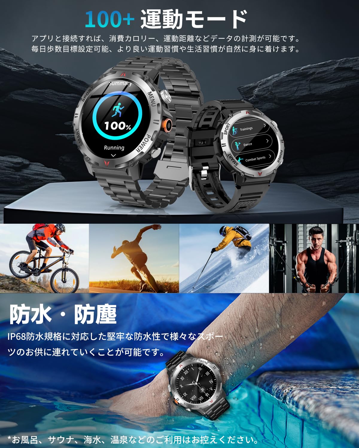 Smart Watch (2025 Summer Release, Military Specifications, 2 Types of Bands), Bluetooth 5.3 Calls, Line/Message Notifications, 100+ Exercise Modes, GPS Movement Recording, Dustproof, Waterproof