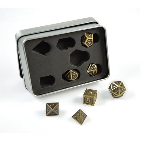 shibby 7 polyedrische Metall-Würfel für Rollen- und Tabletopspiele in Steampunk Gold-Optik inkl. Aufbewahrungsbox