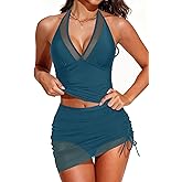 Tankini Bathing Suit for Women - Two Piece Swimsuit with Skirt Tummy Control Swimwear Halter Mesh Swim Dress 2025