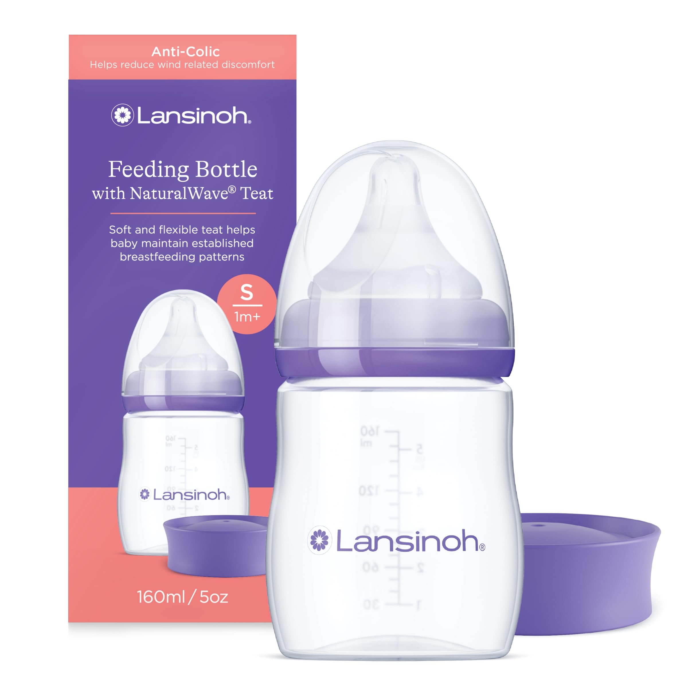 Lansinoh Anti Colic Baby Bottle 160ml - NaturalWave® Medium Flow Teats - Reduces Nipple Confusion + Stackable Lid Breast Milk Storage Bottles - BPA & BPS-free Breastfeeding Bottle Feeding Baby Bottles