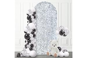 SaitiMade 7.2 FT Bling Arch Backdrop Cover, Silver Sequin Wedding Arch Stand Cover, Round Top Fitted Chiara Backdrop Cover for Birthday Party Ceremony Baby Shower Banquet Decoration