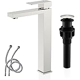 KENES Brushed Nickel Vessel Sink Facuet Single Handle Tall Bathroom Sink Faucet Vanity Bathroom Faucet Basin Mixer Tap with Water Supply Hose and Pop Up Sink Drain, LJ-9031A