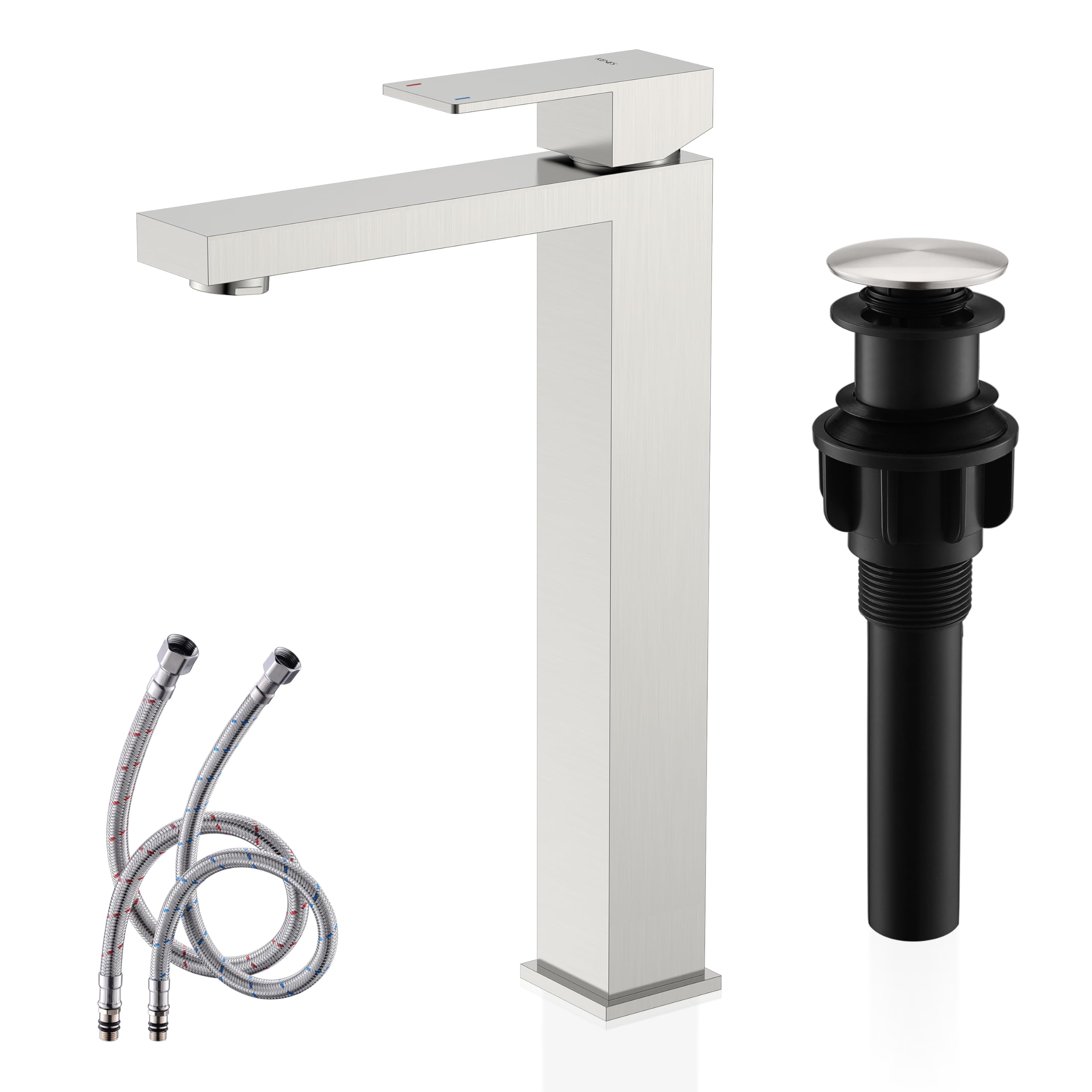 Photo 1 of KENES Brushed Nickel Vessel Sink Facuet Single Handle Tall Bathroom Sink Faucet Vanity Bathroom Faucet Basin Mixer Tap with Water Supply Hose and Pop Up Sink Drain, LJ-9031A