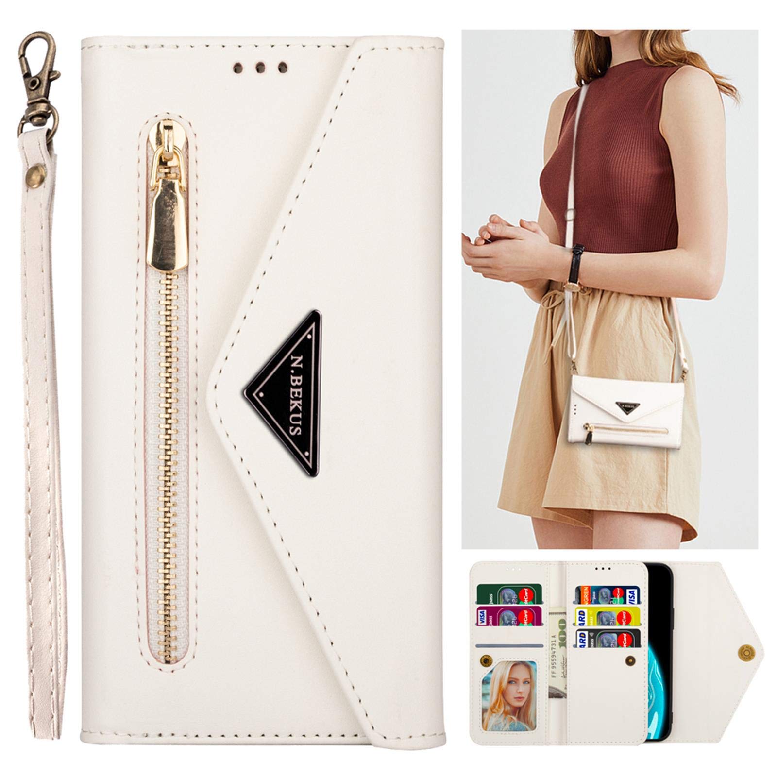 Samsung Galaxy A40 Wallet Case Women Men Gift Zipper Wallet Purse Leather Flip Folio Case with Card Holder Coin Pouch Shoulder Strap Galaxy A40 Crossbody Phone Purse Shockproof Folding Cover White