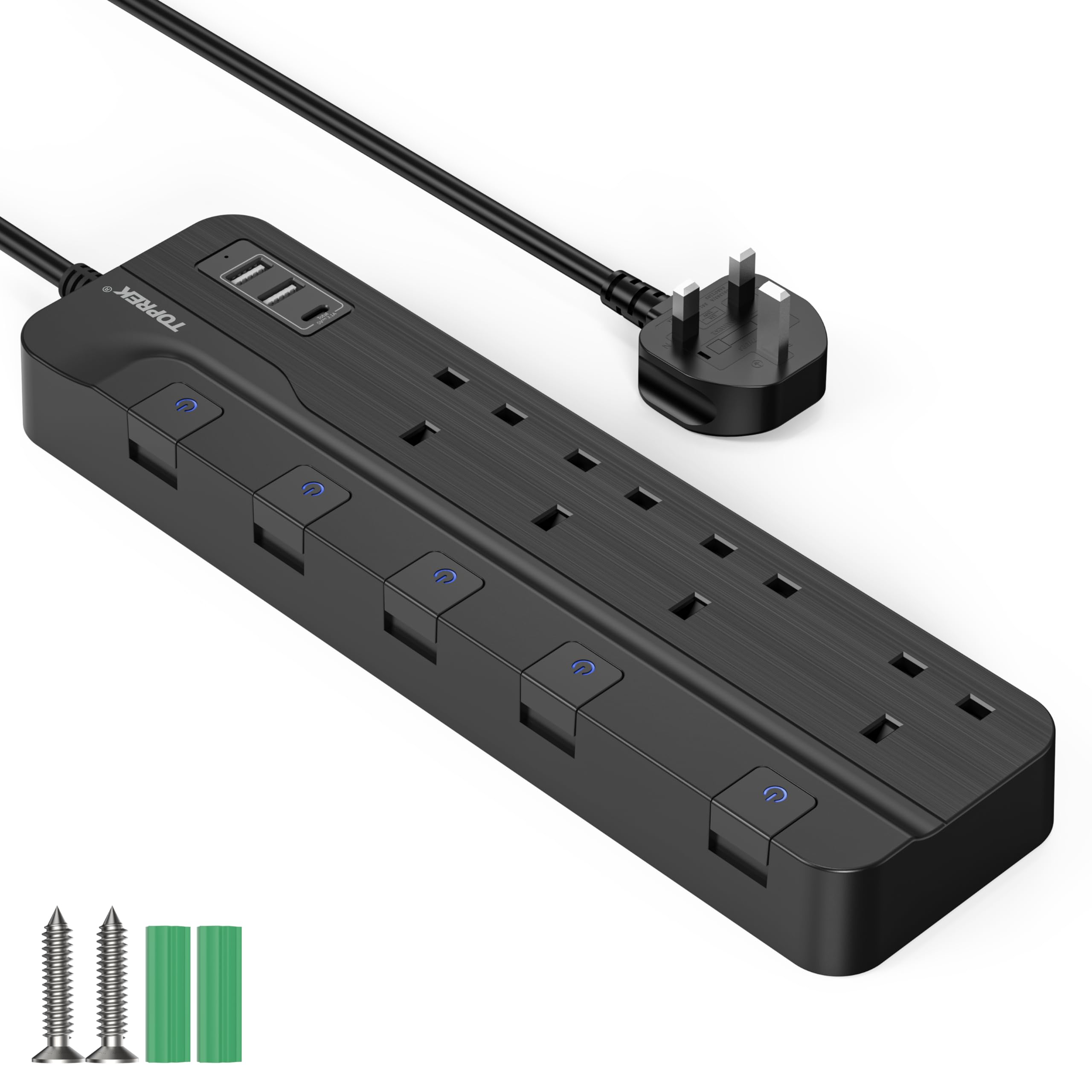 TOPREK 4 Plug Extension Lead with Ultra Wide Socket, Individual Switch 2 USB-A, 1 USB-C Extension Cable, 2m Extension Lead with USB Slots for Wall Mounting