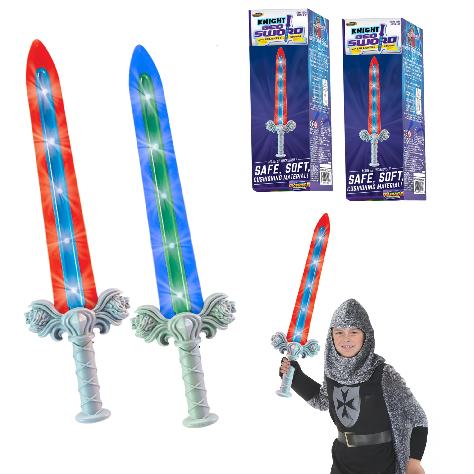 Geospace GeoSword Soft & Safe Dueling Sword with LED Lights & Movement Battle Sounds, 2-pack (Blue and Red) (Dual Pack)