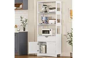 DICTAC Kitchen Pantry Storage Cabinets Freestanding Tall Bathroom with Shelves and Drawer 64''H Sideboard Storage Cabinet with Microwave Space Cupboard Storage Organizer for Home Office,White