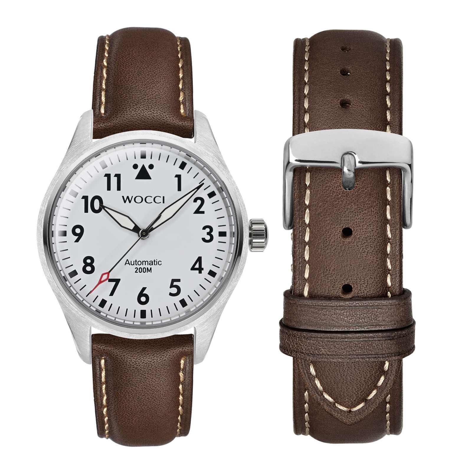 WOCCI 20mm Vintage Leather Watch Band for Men and Women, Silver Buckle (Dark Brown/Contrasting Stitch)