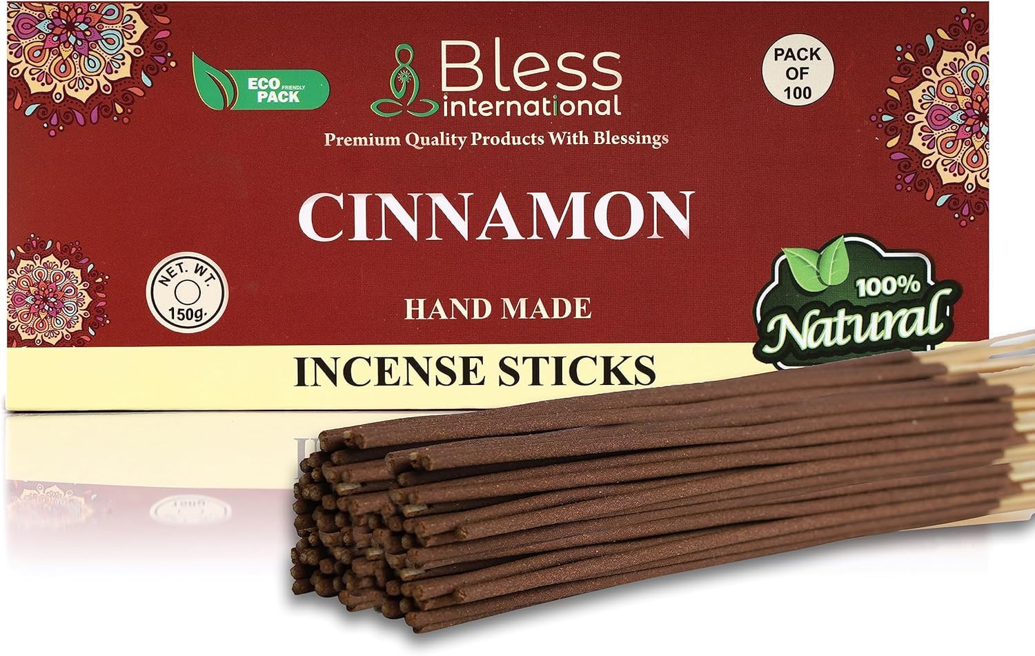Bless-CINNAMON Incense - 100% Natural, Handmade, Hand-Dipped, Organic, Chemicals-Free. For Purification, Relaxation, Positivity, Yoga, Meditation. The Best Woods Scent (150GM, 100 Sticks)