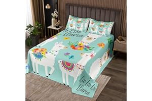 FEELYOU Cute Llama Coverlet Set Llama Floral Botanical Nature Theme Bedspread for Kids Boys Girls Teens Room Cartoon Llama Alpaca Decor Quilted Coverlet Flower Quilted 3Pcs Queen Size