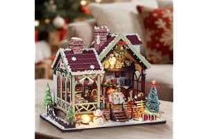DIY Christmas Miniature House Kit,Mini Wooden House Kits for Adults,Xmas Eve Snowflakes Building with LED Light,Beginner 3D W
