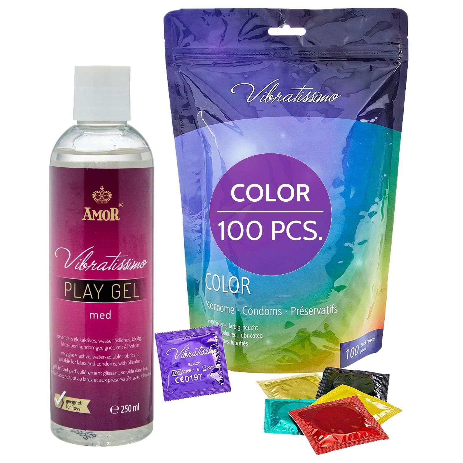 VIBRATISSIMO Color Condoms 100-Pack & Lubricant Set I Feel-Real & Extra Lubricated I Kondoms for Men I in Reusable Bag I Pack in red, Black, Green, Yellow, and Gold