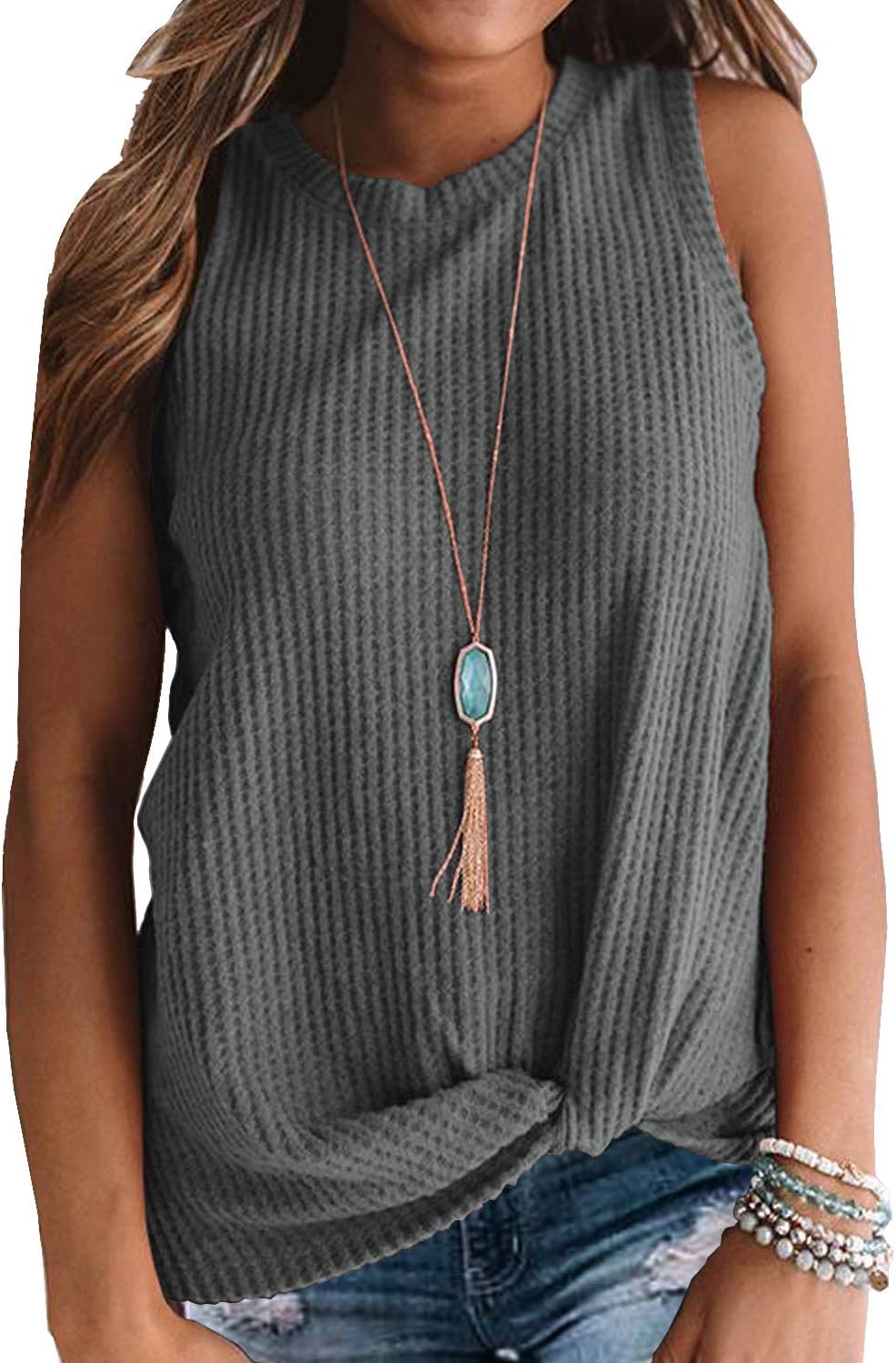 MIHOLLWomens Casual Tops Sleeveless Cute Twist Knot Waffle Knit Shirts Tank Tops