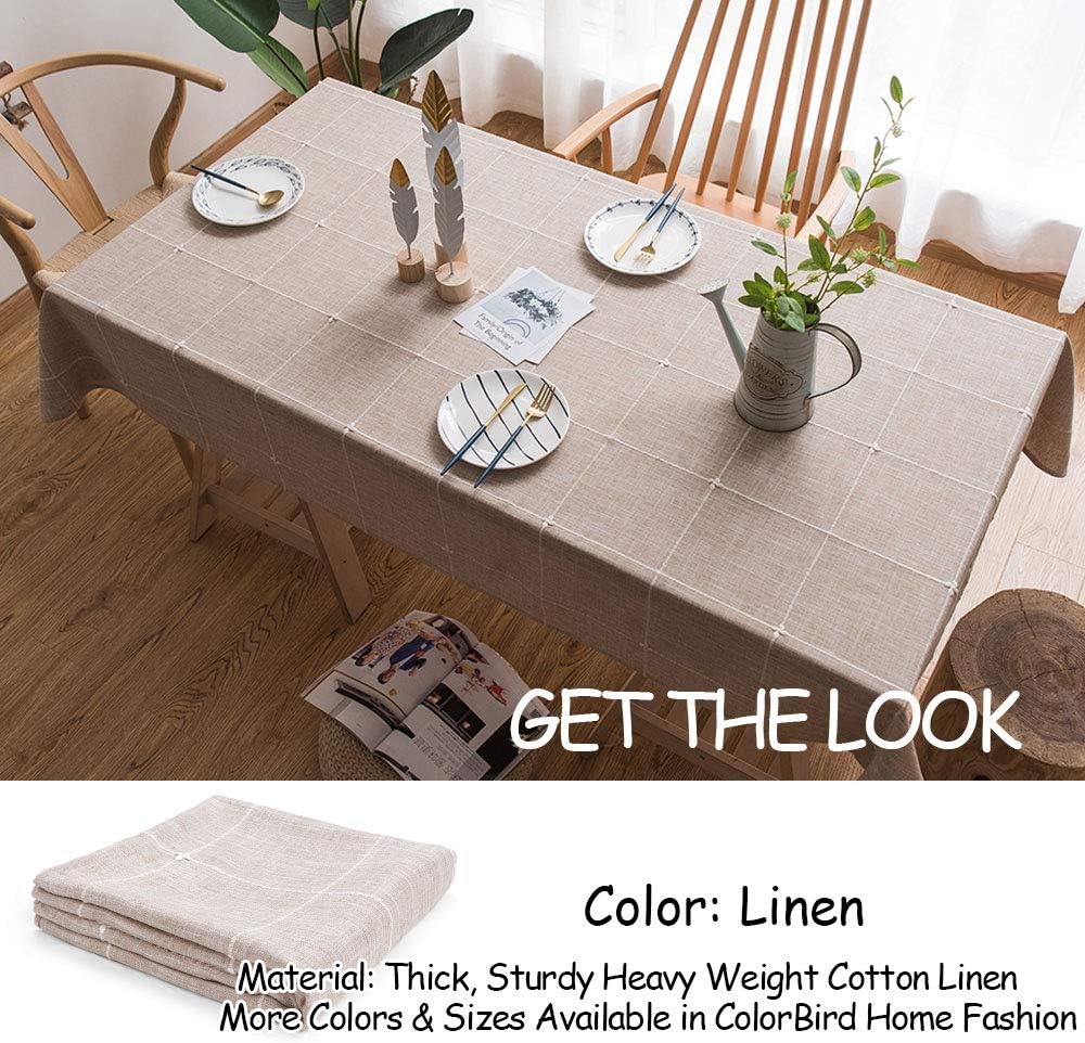 ColorBird Solid Embroidery Lattice Tablecloth Cotton Linen Dust-Proof Checkered Table Cover for Kitchen Dinning Tabletop Decoration (Rectangle/Oblong, 52 x 120 Inch, Linen): Kitchen & Dining